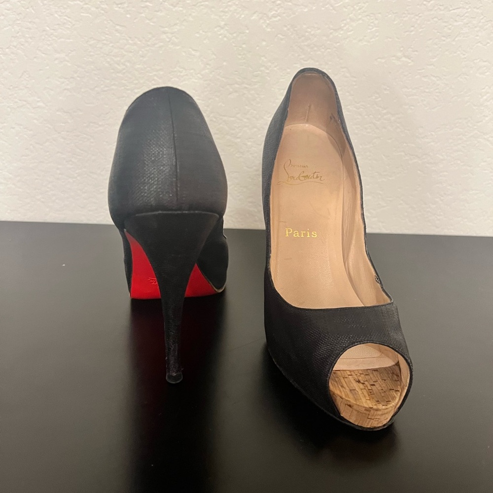 Christian Louboutin Black Linen Cork Peep-Toe Stilettos